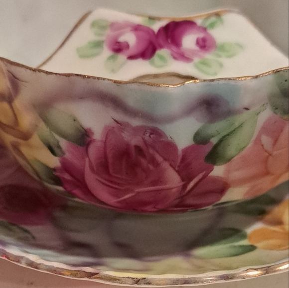 Vintage Mustache Cup & Saucer Shabby Pink Red and Yellow Roses Gold Accent. - Picture 6 of 8